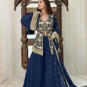 chic women’s georgette kurti palazzo dupatta set in elegant deep teal 💙